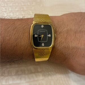 Longines Gold plated and Black Rectangular Dress Watch